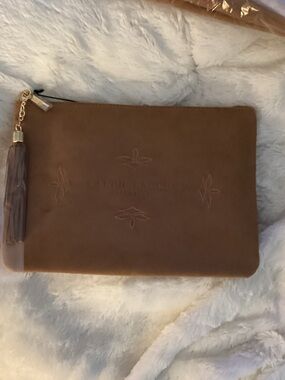 Ralph Lauren Tan Suede Zip Clutch with Tassel